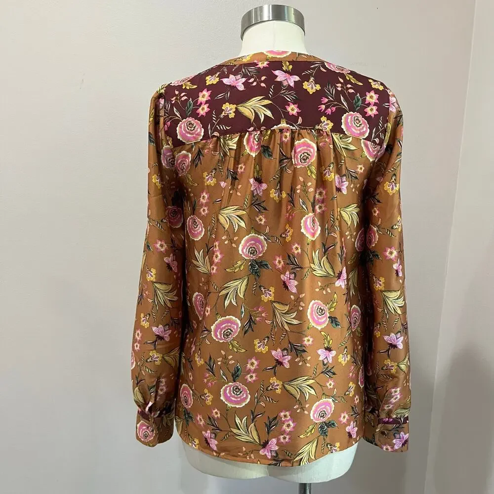 LOFT Fall Floral Blouse Long Sleeve Boho Harvest Print Top Size S - Picture 4 of 11